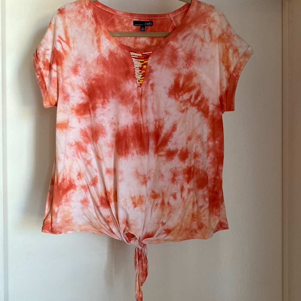 Rxb XL tie front and tie dyed print with beading and cuffed sleeve
